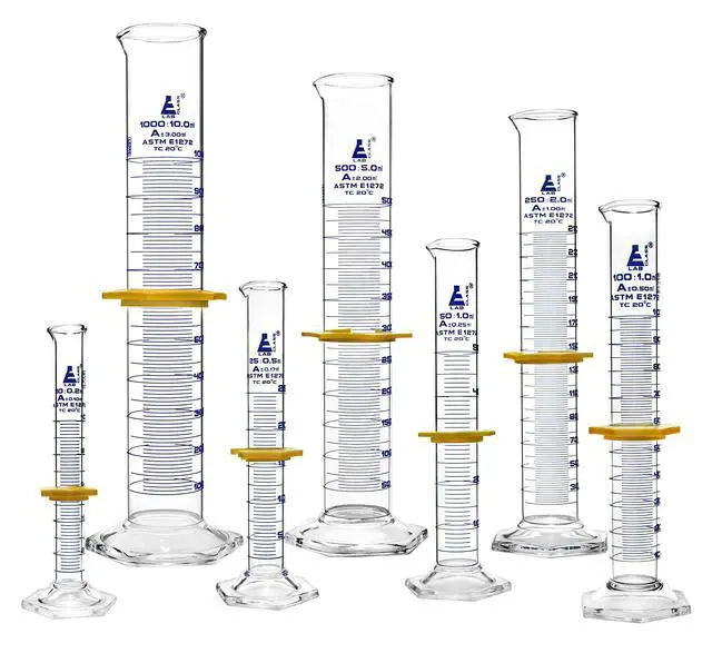 Alt view image 5 of 6 - Graduated Cylinders 7 Piece Set - ASTM, Class A - 10mL, 25mL, 50mL, 100mL, 250mL, 500mL & 1000mL - Protective Collars, Hexagonal Base - Blue Graduations - Borosilicate 3.3 Glass - Labs