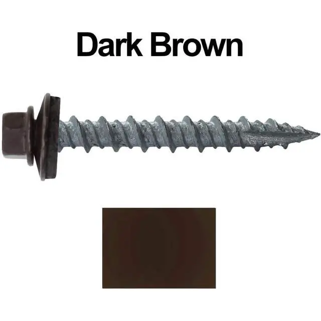 Alt view image 3 of 4 - Metal ROOFING SCREWS: (1000) 10 x 1-1/2" Dark Brown Hex Head Sheet Metal Roof Screw. Self starting metal to wood siding screws. EPDM washer. Colored head