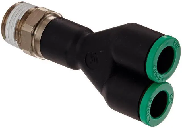 Main image of Legris 3148 60 18 Nylon & Nickel-Plated Brass Push-to-Connect Fitting, Wye, 3/8" Tube OD x 3/8" NPT Male
