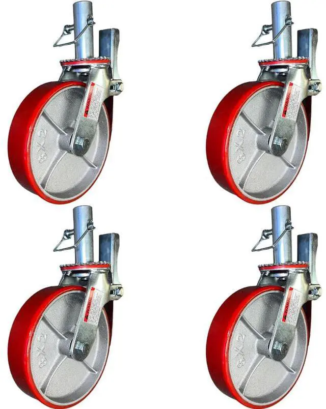 Main image of 4 pcs Scaffold Caster 5" 6" 8" Black/Red Wheels with Locking Brakes (8" Polyurethane Cast Iron 1-3/8" stem)