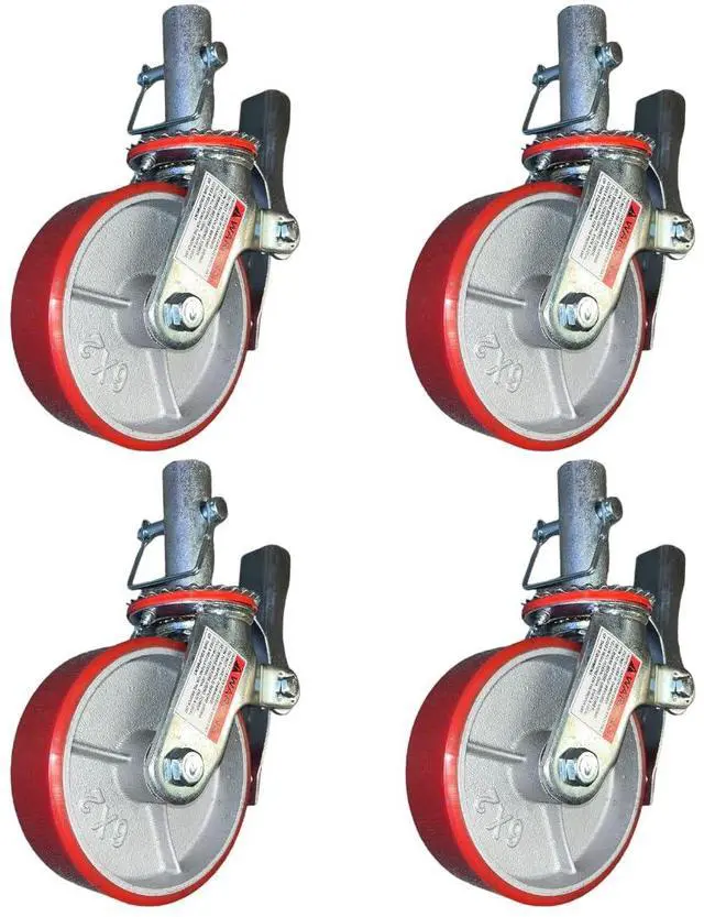 Main image of 4 pcs Scaffold Caster 5" 6" 8" Black/Red Wheels with Locking Brakes (6" Polyurethane Cast Iron 1-3/8" stem)