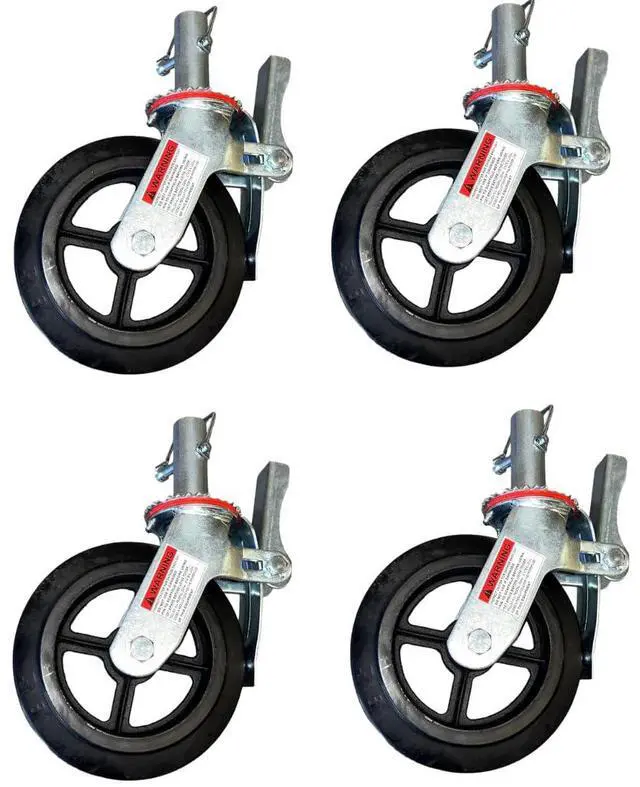 Main image of 4 pcs Scaffold Caster 5" 6" 8" Black/Red Wheels with Locking Brakes (8" Hard Rubber 1-3/8" stem)