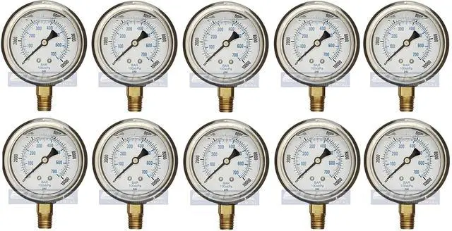 Main image of Stainless Steel Lower Mount Liquid Filled Pressure Gauge, 2.5" FACE/DIAL, Rated WOG, 1/4" Male NPT, Range 0-10,000 PSI (Qty 10)