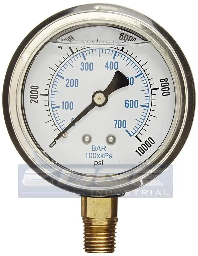 Alt view image 2 of 6 - Stainless Steel Lower Mount Liquid Filled Pressure Gauge, 2.5" FACE/DIAL, Rated WOG, 1/4" Male NPT, Range 0-10,000 PSI (Qty 10)