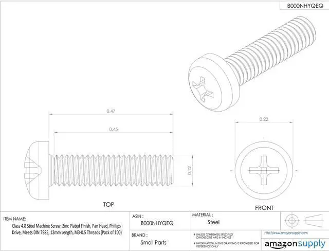 Alt view image 3 of 3 - Class 4.8 Steel Machine Screw, Zinc Plated Finish, Pan Head, Phillips Drive, Meets DIN 7985, 16mm Length, M3-0.5 Metric Coarse Threads (Pack of 100)