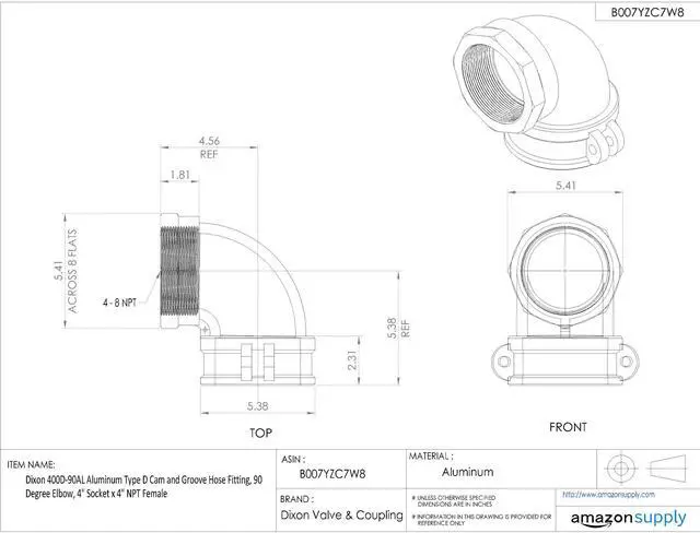Alt view image 3 of 3 - 400D-90AL Aluminum Type D Cam and Groove Hose Fitting, 90 Degree Elbow, 4" Socket x 4" NPT Female