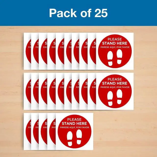 Alt view image 6 of 6 - Social Distancing Floor Signs in English & Spanish - Pack of 25 Stickers - Red Stand Here Design - 12 Inch Circle - Indoor Only - Removable Adhesive Vinyl