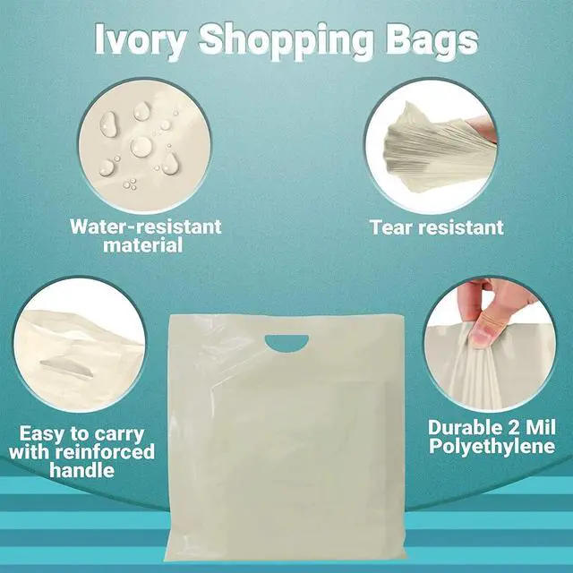 Alt view image 5 of 6 - Die Cut Handle Merchandise Bags, Ivory LDPE Plastic Shopping Bags, 20 x 20 x 5 Inch Bottom Gusset, 2 Mil Thickness, Pack of 250