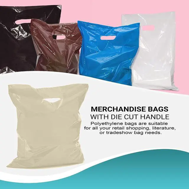 Alt view image 6 of 6 - Die Cut Handle Merchandise Bags, Ivory LDPE Plastic Shopping Bags, 20 x 20 x 5 Inch Bottom Gusset, 2 Mil Thickness, Pack of 250