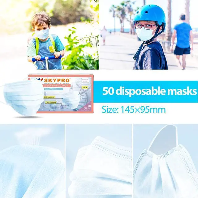 Alt view image 2 of 6 - 50PCS Medical Grade ASTM Level 1 Standard 3-Ply Kids White/Blue Disposable Face Mask Protective PPE (20, Blue)