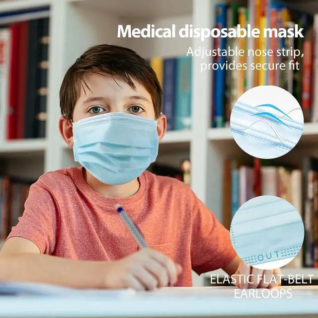 Alt view image 3 of 6 - 50PCS Medical Grade ASTM Level 1 Standard 3-Ply Kids White/Blue Disposable Face Mask Protective PPE (20, Blue)