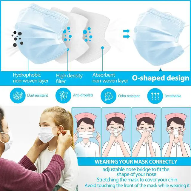 Alt view image 5 of 6 - 50PCS Medical Grade ASTM Level 1 Standard 3-Ply Kids White/Blue Disposable Face Mask Protective PPE (20, Blue)