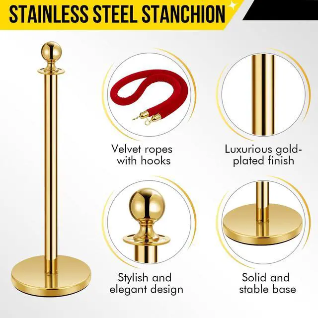 Alt view image 2 of 6 - Stanchions and Velvet Ropes, Crowd Control Barriers Queue Pole,Red Carpet Ropes and Poles, Gold