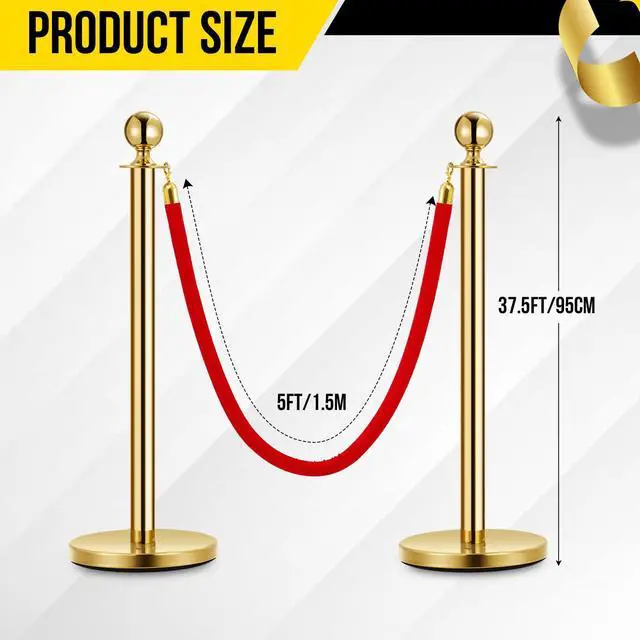 Alt view image 3 of 6 - Stanchions and Velvet Ropes, Crowd Control Barriers Queue Pole,Red Carpet Ropes and Poles, Gold