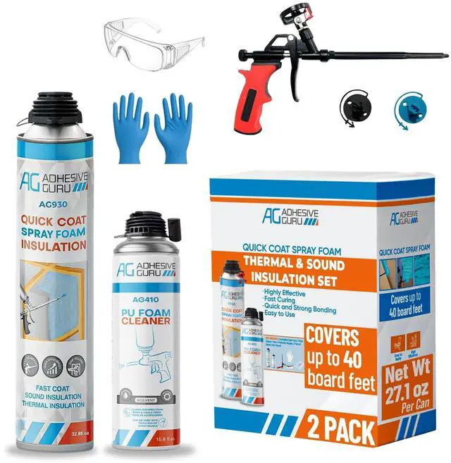 Main image of Adhesive Guru Spray Foam Insulation Kit (2 x 32.80 oz), Polyurethane Self-Expanding Adhesive Foam, Closed Cell Heat Insulation and Acustic Spray with Cleaner and Dispensing Gun
