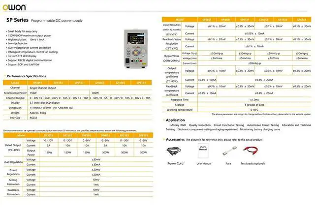 Alt view image 5 of 5 - DC Power Supply OWON SP6103 1 Channel MAX 300W Output Power Supply 60V 10A
