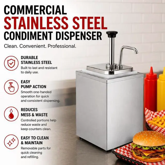 Alt view image 3 of 6 - Commercial Stainless Steel Condiment Dispenser with Pump Single Head Sauce Dispenser for Ketchup, Mustard, Mayo, Syrup & Dressings Countertop Restaurant Food Service Pump Station