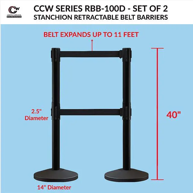 Alt view image 2 of 6 - CCW Series RBB-100D Set of 2 Stanchion Retractable Belt Barriers - Sloped Base, 7.5 Foot, Black Dual Belt with Black Post - Easy Assembly