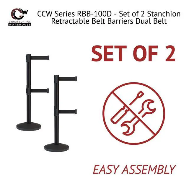 Alt view image 3 of 6 - CCW Series RBB-100D Set of 2 Stanchion Retractable Belt Barriers - Sloped Base, 7.5 Foot, Black Dual Belt with Black Post - Easy Assembly