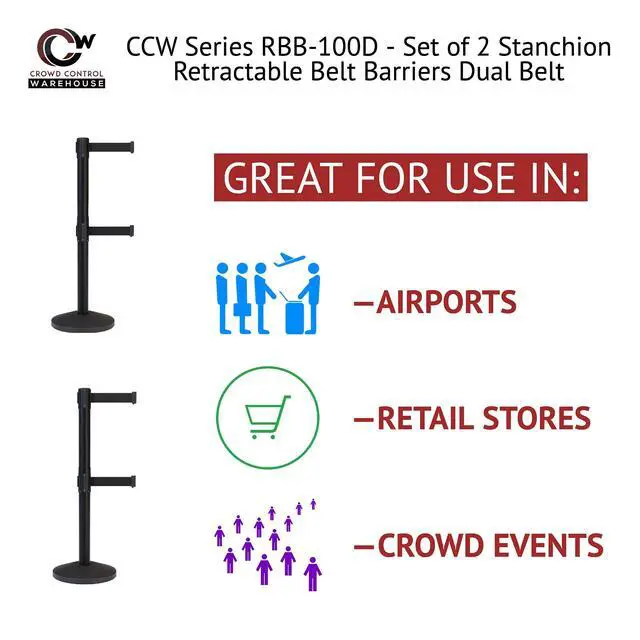 Alt view image 4 of 6 - CCW Series RBB-100D Set of 2 Stanchion Retractable Belt Barriers - Sloped Base, 7.5 Foot, Black Dual Belt with Black Post - Easy Assembly