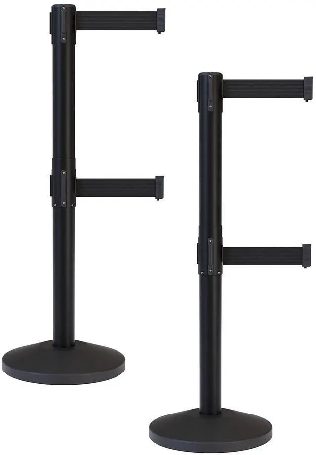 Main image of CCW Series RBB-100D Set of 2 Stanchion Retractable Belt Barriers - Sloped Base, 9 Foot, Black Dual Belt with Black Post - Easy Assembly