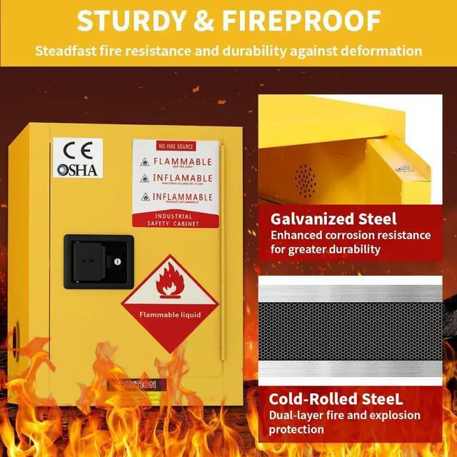 Alt view image 3 of 6 - 22 Gallon Flammable Storage Cabinet, Galvanized Steel Flammable Safety Cabinet with Adjustable Shelf for Home & Industrial Use, 24" x 19" x 19", Yellow