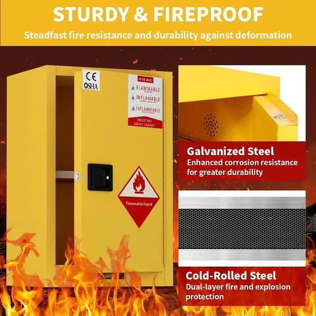 Alt view image 3 of 6 - 45 Gallon Flammable Storage Cabinet, Galvanized Steel Flammable Safety Cabinet with Adjustable Shelf for Home & Industrial Use, 37" x 25" x 20", Yellow