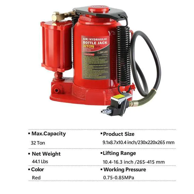 Alt view image 3 of 6 - Pneumatic Air Hydraulic Bottle Jack, 32 Ton/64,000 LBS All Welded Bottle Jack, 10.4-16.3 inch Lifting Range, with Manual Hand Pump & Handle,Heavy Duty Auto Truck Travel Trailer Repair Lift Red