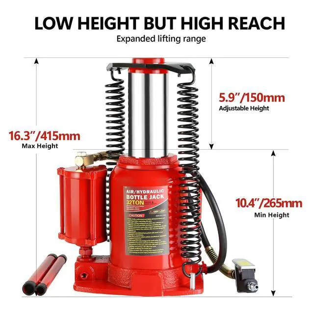 Alt view image 4 of 6 - Pneumatic Air Hydraulic Bottle Jack, 32 Ton/64,000 LBS All Welded Bottle Jack, 10.4-16.3 inch Lifting Range, with Manual Hand Pump & Handle,Heavy Duty Auto Truck Travel Trailer Repair Lift Red