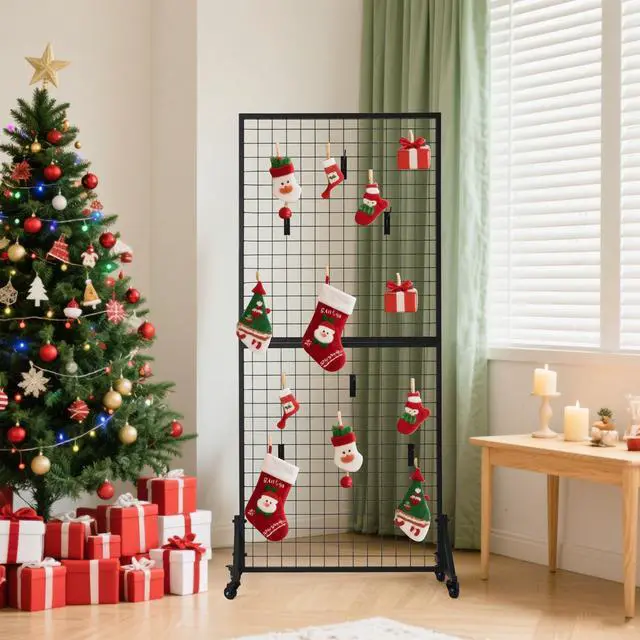 Alt view image 2 of 6 - 2-Pack Grid Wall Panel Display Rack, Triangular Stable Base Floor-Standing Grid Wall Panel Display Rack, for Arts and Crafts Display, Retail Display with Extra Clips and Hooks