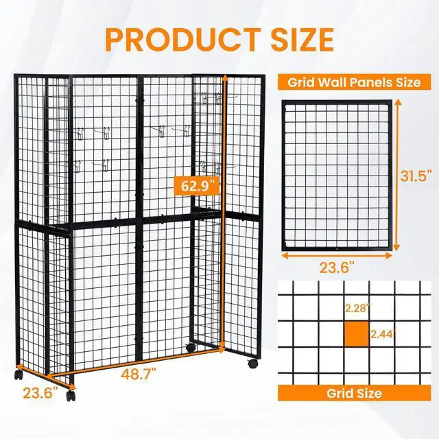 Alt view image 2 of 6 - GridWall Display Stand with Wheels, Grid Wall Panels Display Stand Rack, Grid Walls for Craft Shows,Art Show Display Panels Extra Hooks, Black
