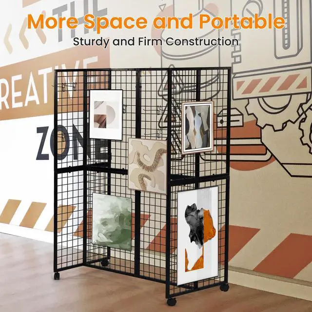 Alt view image 6 of 6 - GridWall Display Stand with Wheels, Grid Wall Panels Display Stand Rack, Grid Walls for Craft Shows,Art Show Display Panels Extra Hooks, Black