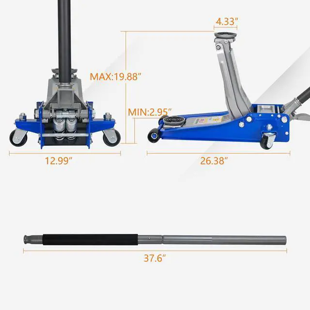 Alt view image 5 of 6 - 6600lbs/3Ton Low Profile Floor Jack with Foot Pedal Dual Piston Hydraulic | Fast lift dual piston pump with foot pedal, lifting range 2.95"-19.88", heavy duty racing trolley jack for MVP, SUVs & Truck