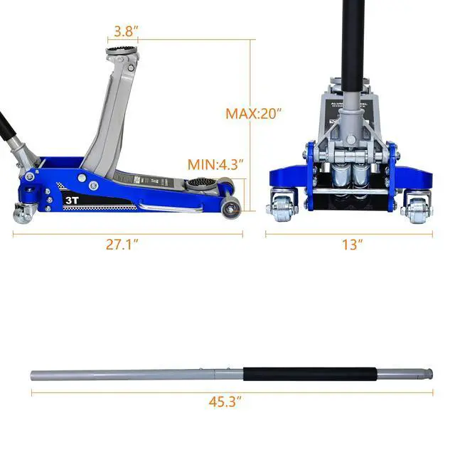 Alt view image 5 of 6 - 6600lbs/3Ton Aluminum Steel Floor Jack Dual Piston Hydraulic Car Jack | Fast lift dual piston pump, lifting range 4.3"-20", heavy duty racing trolley car jack for MVP, SUVs & Trucks