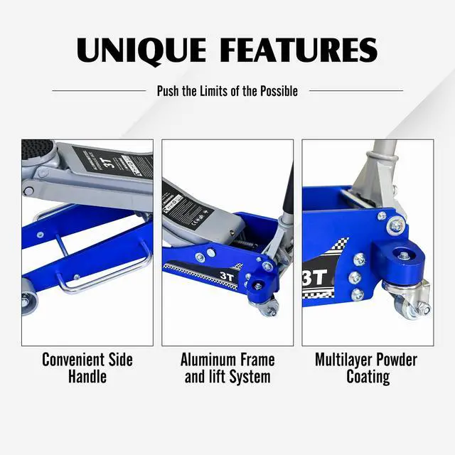 Alt view image 6 of 6 - 6600lbs/3Ton Aluminum Steel Floor Jack Dual Piston Hydraulic Car Jack | Fast lift dual piston pump, lifting range 4.3"-20", heavy duty racing trolley car jack for MVP, SUVs & Trucks