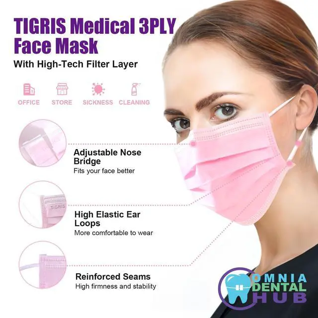 Alt view image 2 of 6 - Omnia Tigris Disposable Face Mask | 2000 Pcs Earloop Face Mask 3-Ply Protection Face Masks 4.0g | Disposable Breathable Mask for Adult, Home, Office, Daily Wear - Pink