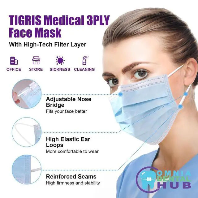 Alt view image 2 of 6 - Omnia Tigris Disposable Face Mask | 2000 Pcs Earloop Face Mask 3-Ply Protection Face Masks 4.0g | Disposable Breathable Mask for Adult, Home, Office, Daily Wear - Blue