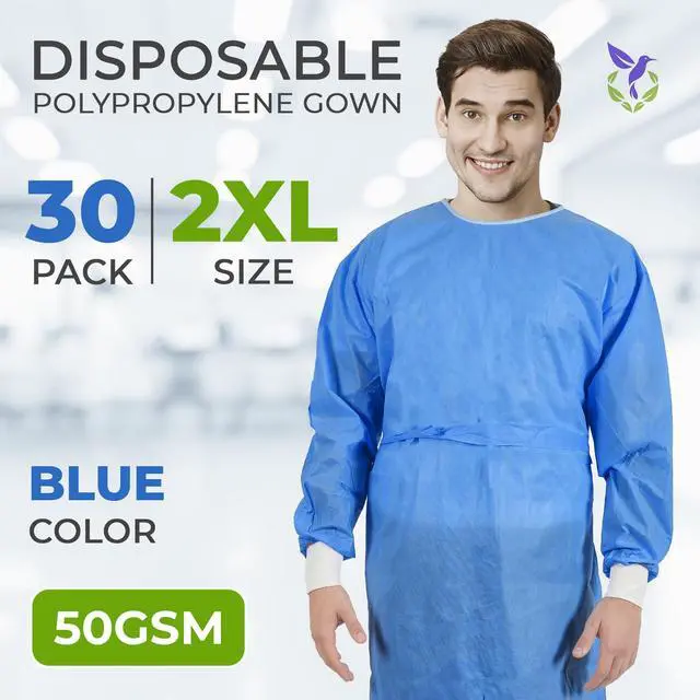 Alt view image 2 of 6 - Disposable Isolation Gowns, 2X-Large Blue, Pack of 30, 50 GSM Non-Woven Polypropylene, Long Sleeves, Knit Cuffs, Neck and Waist Ties, Unisex