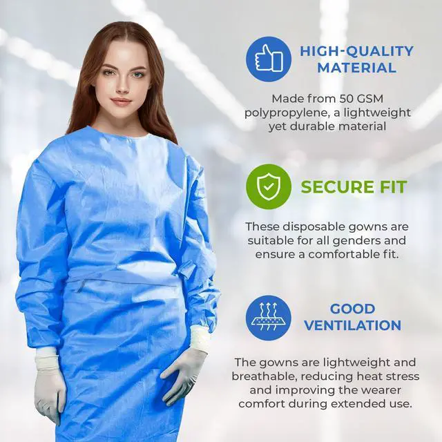 Alt view image 3 of 6 - Disposable Isolation Gowns, 2X-Large Blue, Pack of 30, 50 GSM Non-Woven Polypropylene, Long Sleeves, Knit Cuffs, Neck and Waist Ties, Unisex