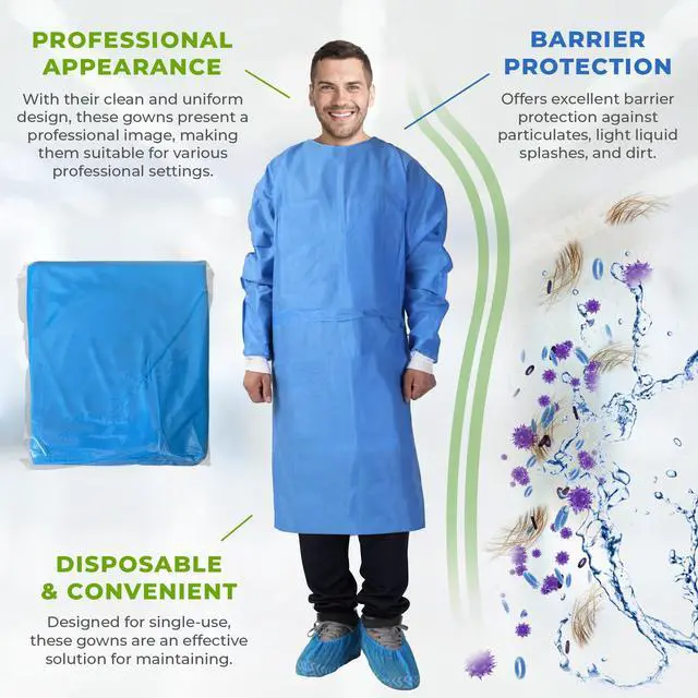 Alt view image 4 of 6 - Disposable Isolation Gowns, 2X-Large Blue, Pack of 30, 50 GSM Non-Woven Polypropylene, Long Sleeves, Knit Cuffs, Neck and Waist Ties, Unisex