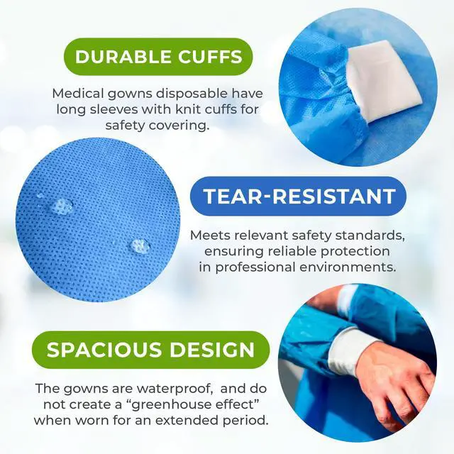 Alt view image 5 of 6 - Disposable Isolation Gowns, 2X-Large Blue, Pack of 30, 50 GSM Non-Woven Polypropylene, Long Sleeves, Knit Cuffs, Neck and Waist Ties, Unisex