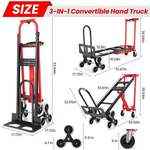 Alt view image 2 of 6 - 3 in 1 Convertible Hand Truck, 1000LBS Heavy Duty Aluminum Stair Climbing Dolly, Folding Hand Truck Dolly Cart with Solid Wheels for Moving/Travel/Office (Red)