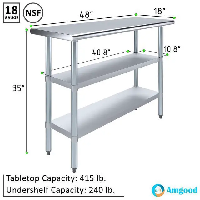 Alt view image 3 of 6 - 48" Long X 18" Deep Stainless Steel Work Table with 2 Shelves | Metal Food Prep Station | Commercial & Residential NSF Utility Table