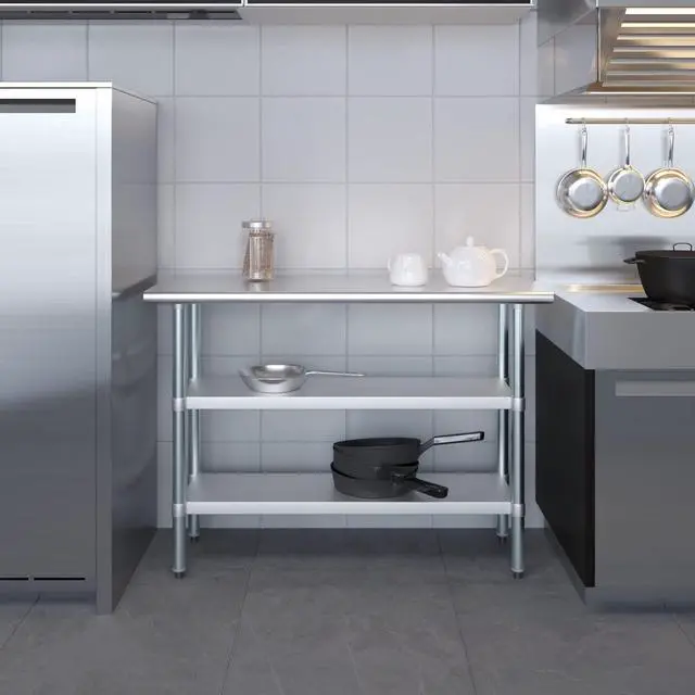 Alt view image 5 of 6 - 48" Long X 18" Deep Stainless Steel Work Table with 2 Shelves | Metal Food Prep Station | Commercial & Residential NSF Utility Table