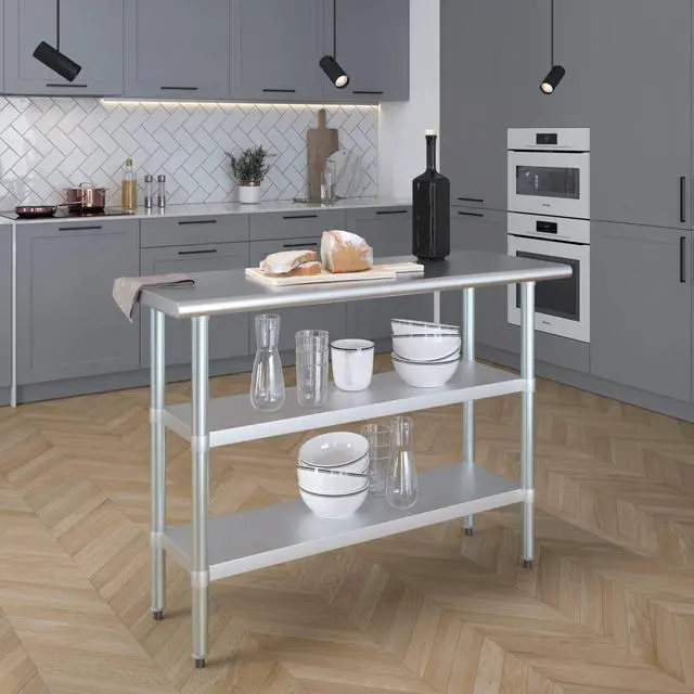 Alt view image 6 of 6 - 48" Long X 18" Deep Stainless Steel Work Table with 2 Shelves | Metal Food Prep Station | Commercial & Residential NSF Utility Table