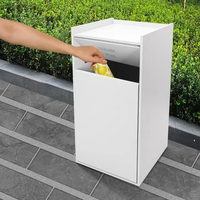 Alt view image 3 of 6 - 40 Gallon Restaurant Trash Bin Cabinet, Wood Commercial-Grade Trash Receptacle w/ Trash Bag, Indoor Trash Can Cabinet & Garbage Receptacle for Self-Service Restaurant, Food Courts, Coffee Shop(Silver)