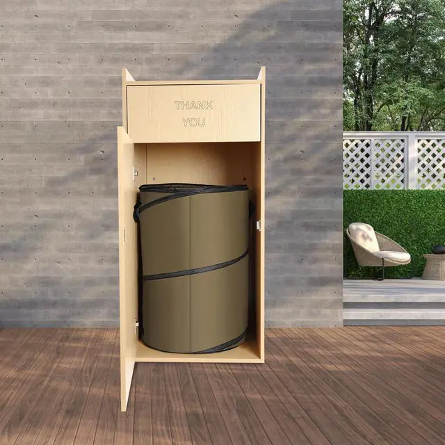 Alt view image 3 of 6 - 40 Gallon Restaurant Trash Bin Cabinet, Wood Commercial-Grade Trash Receptacle w/ Trash Bag, Indoor Trash Can Cabinet & Garbage Receptacle for Self-Service Restaurant, Food Courts, Coffee Shop (Oak)