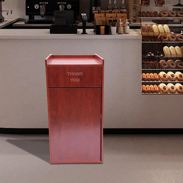 Alt view image 3 of 6 - 40 Gallon Restaurant Trash Bin Cabinet, Wood Commercial-Grade Trash Receptacle w/ Trash Bag, Indoor Trash Can Cabinet & Garbage Receptacle for Self-Service Restaurant, Food Courts, Coffee Shop (Brown)