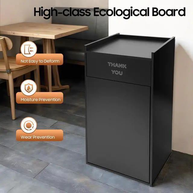 Alt view image 3 of 6 - 40 Gallon Restaurant Trash Bin Cabinet, Wood Commercial-Grade Trash Receptacle w/ Trash Bag, Indoor Trash Can Cabinet & Garbage Receptacle for Self-Service Restaurant, Food Courts, Coffee Shop (Black)