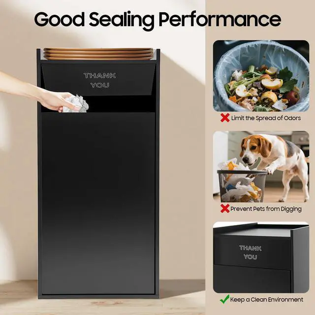 Alt view image 5 of 6 - 40 Gallon Restaurant Trash Bin Cabinet, Wood Commercial-Grade Trash Receptacle w/ Trash Bag, Indoor Trash Can Cabinet & Garbage Receptacle for Self-Service Restaurant, Food Courts, Coffee Shop (Black)